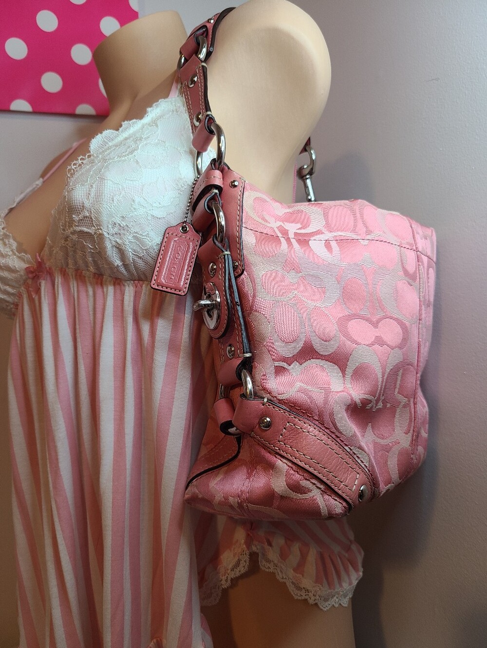 Rare Y2K Vintage Coach Carly Pink Signature Optic Medium Hobo Bag - Picture 10 of 10